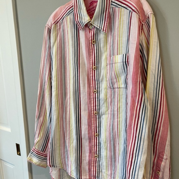 Tommy Bahama Relax 100% Linen Long Sleeve Button Front Shirt Mens Med Pink White - Picture 4 of 6
